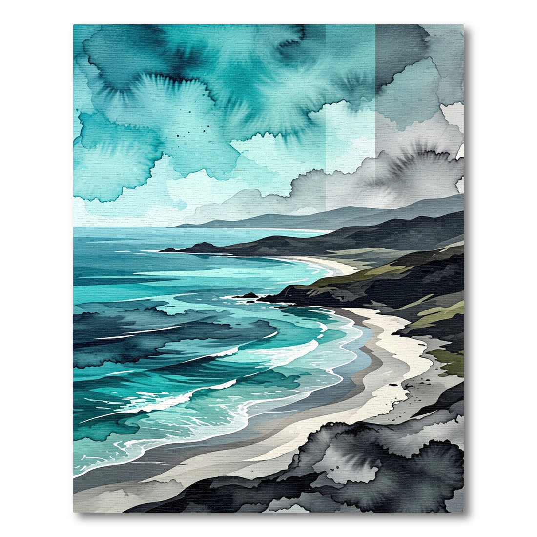 Aquatic Teal Coastline Watercolor Horizon Rug