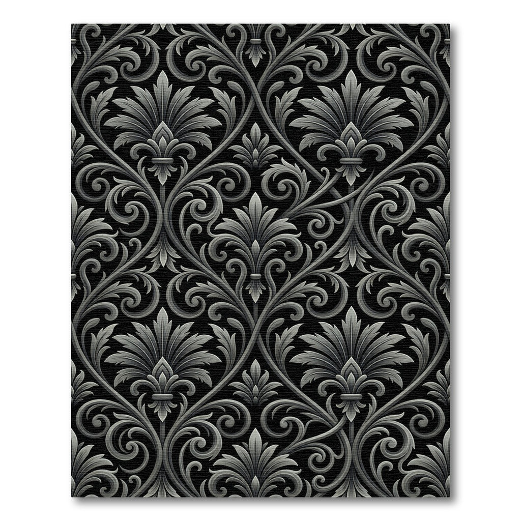 Black Gray Scrolling Leaf Flourish Rug