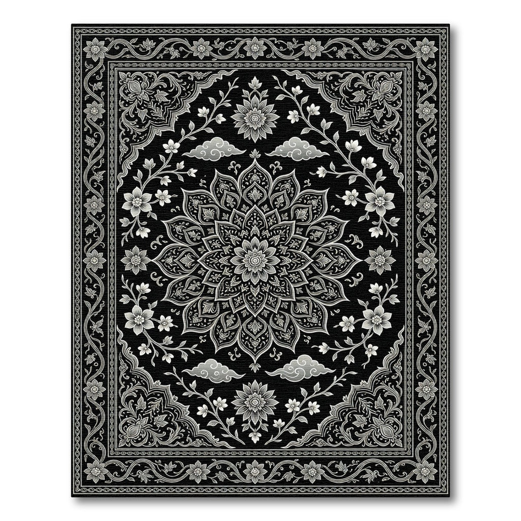 Elegant Monochrome Floral Medallion Black Floor Covering Rug