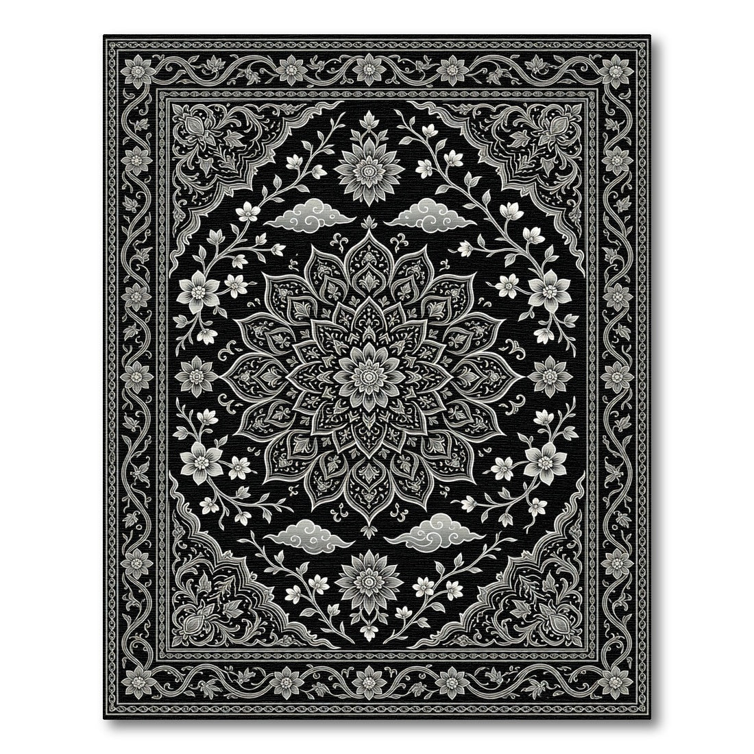 Elegant Monochrome Floral Medallion Black Floor Covering Rug
