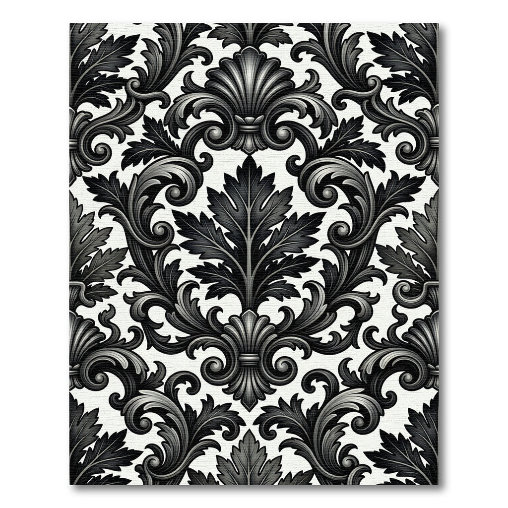 Elegant Black and White Baroque Damask Rug