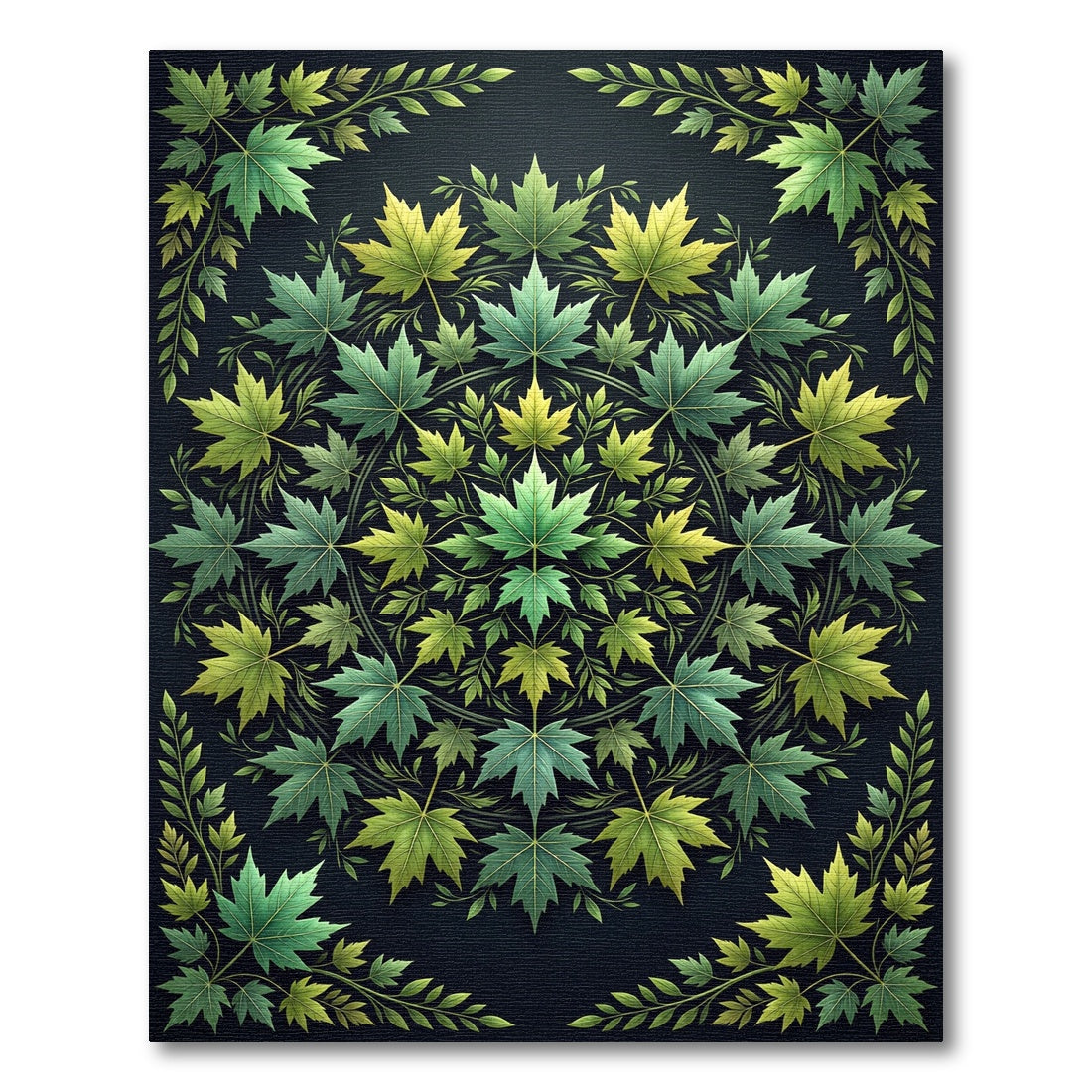Earthy Green Maple Leaf Mandala Rug