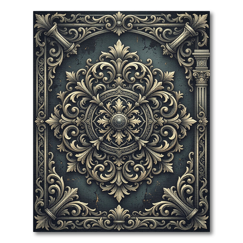 Antique Charcoal Ornate Baroque Medallion Rug