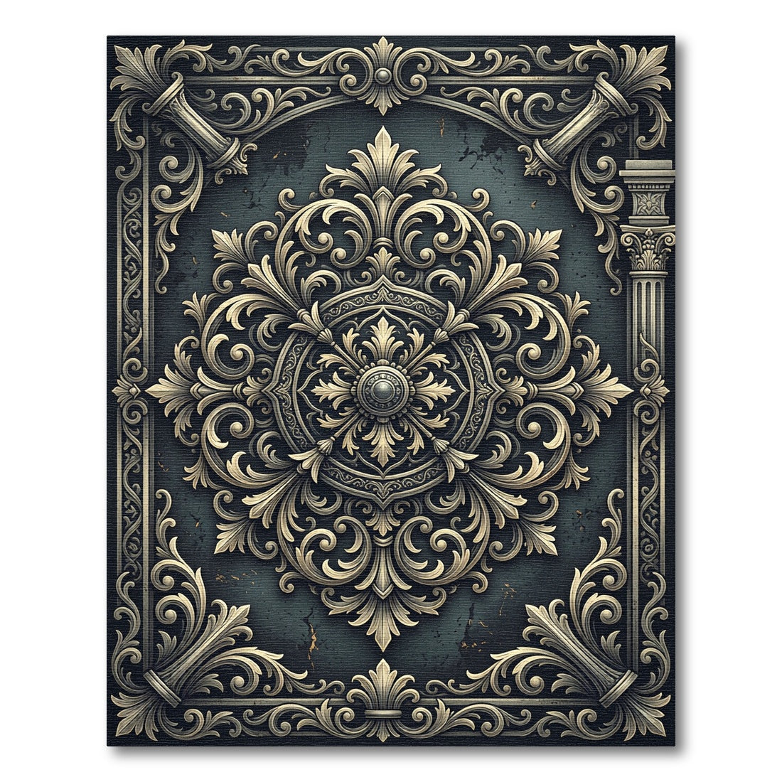 Antique Charcoal Ornate Baroque Medallion Rug