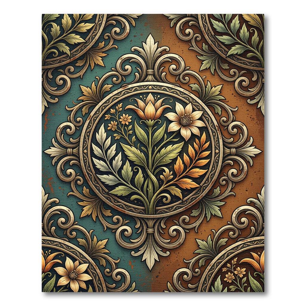 Ornate Floral Medallion Teal Orange Rug