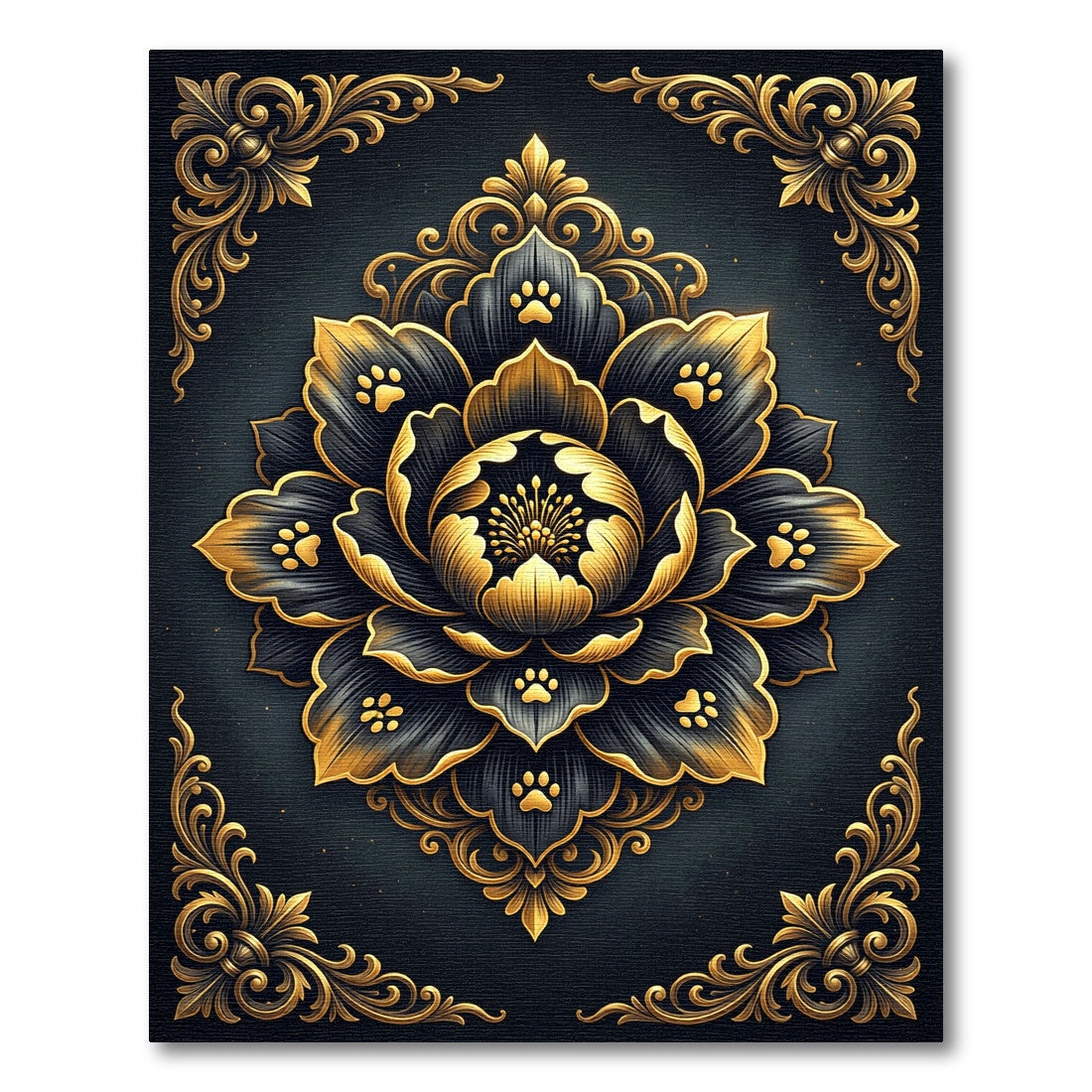 Ornate Gold Black Paw Flower Medallion Rug