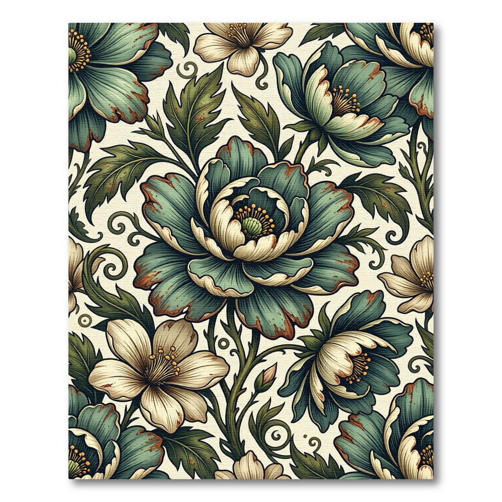 Vintage Teal Peony Floral Botanical Art Rug