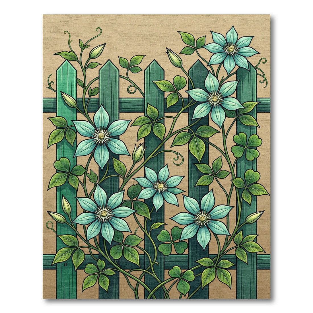 Botanical Mint Clematis Climbing Vine Floor Art Rug