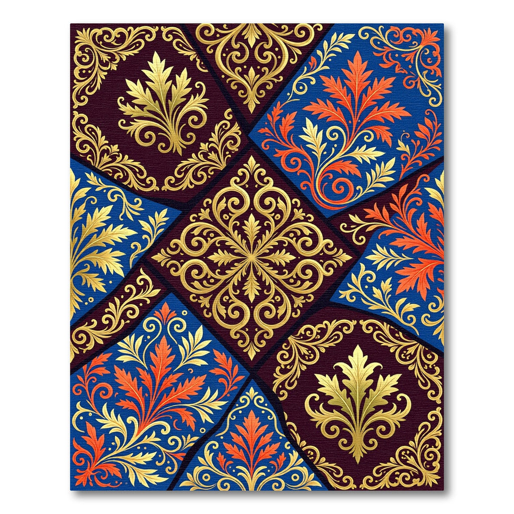 Ornate Gold Blue Orange Floral Patchwork Rug