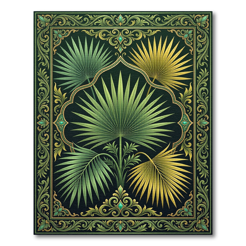 Emerald Green Tropical Palm Leaf Frame Rug