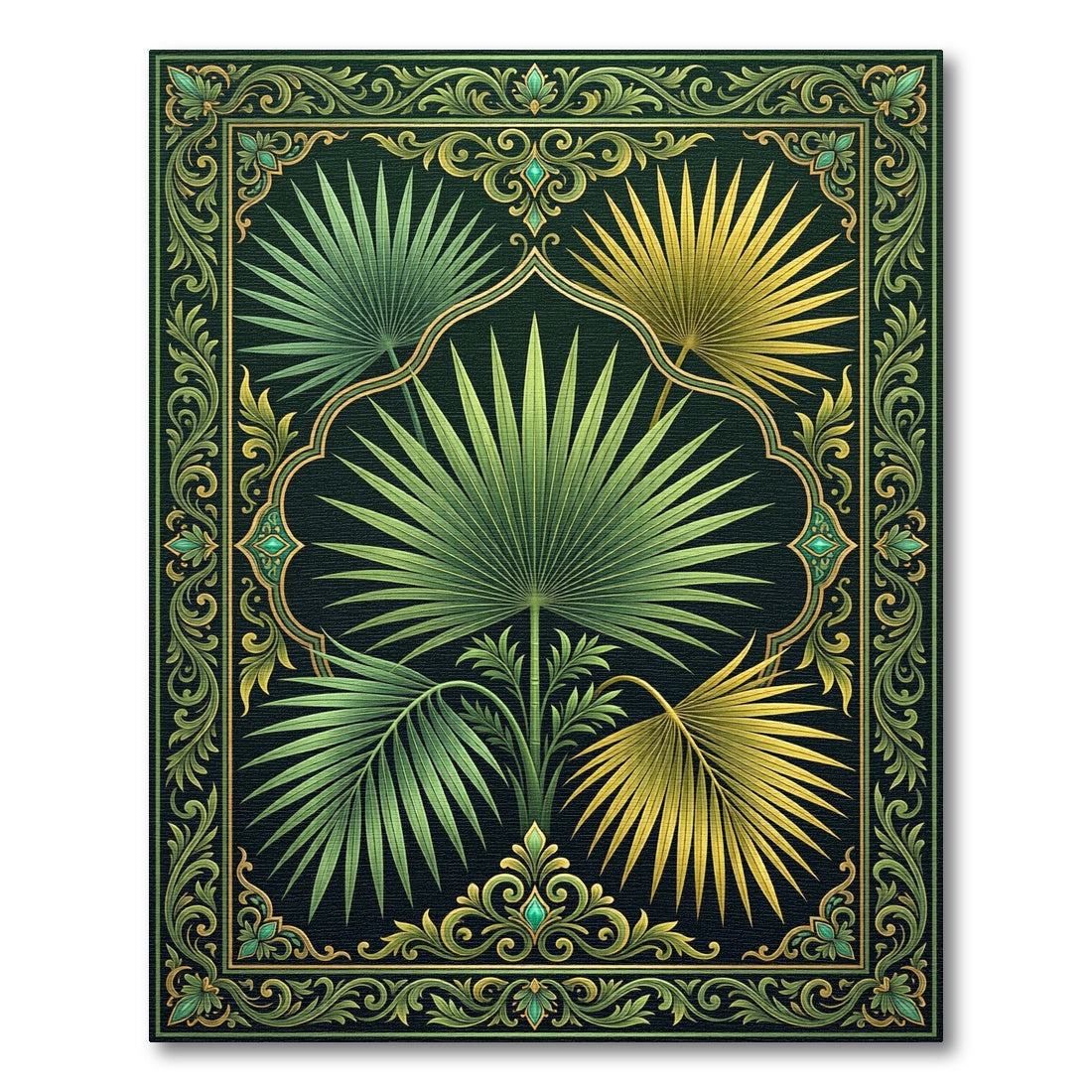 Emerald Green Tropical Palm Leaf Frame Rug