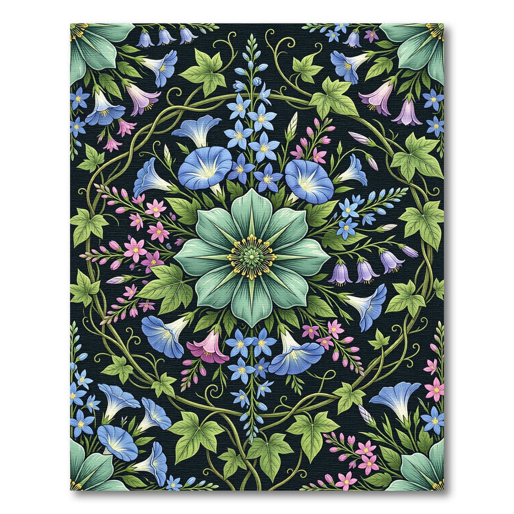 Botanical Azure Floral Symmetry Round Area Rug