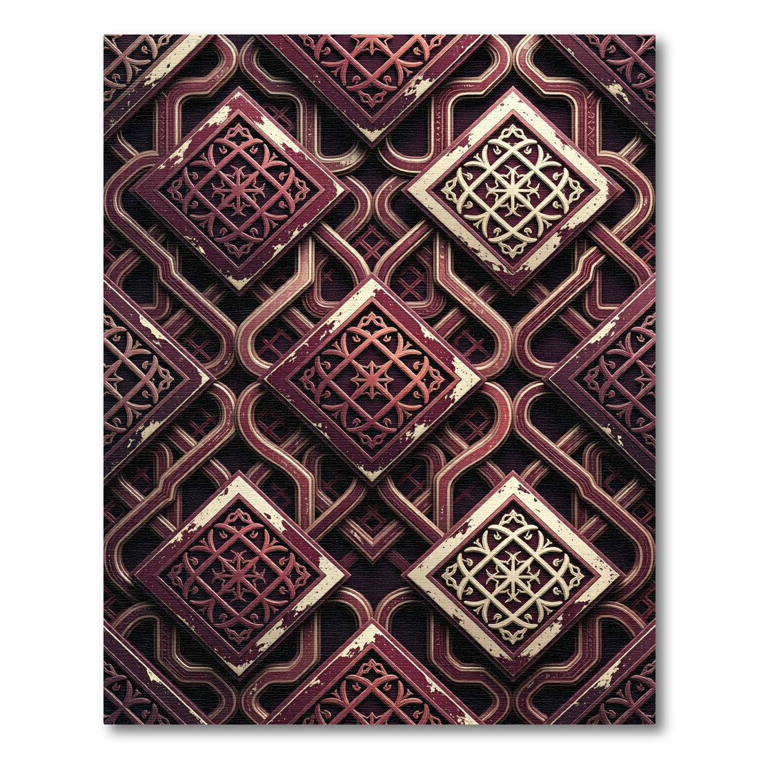 Ornate Crimson Geometric Interlocking Tile Rug