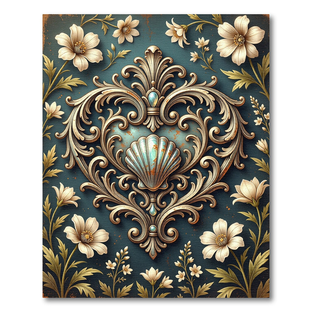 Ornate Scallop Shell Floral Teal Rug