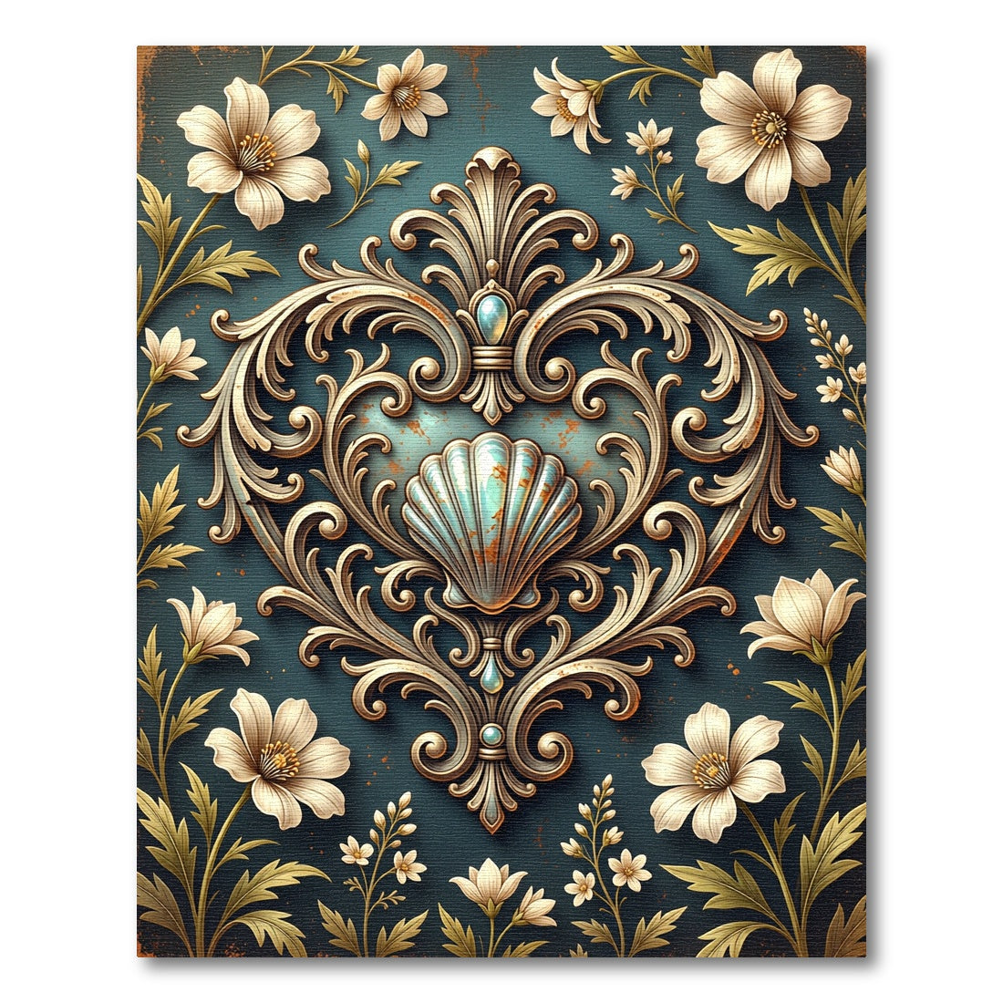 Ornate Scallop Shell Floral Teal Rug