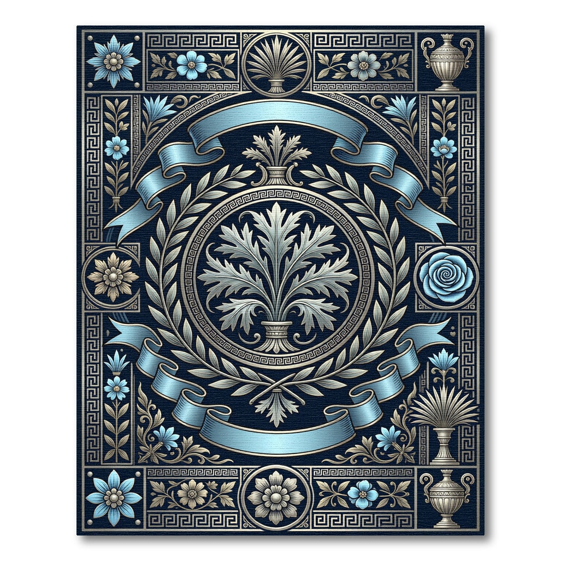Ancient Ocean Blue Floral Emblem Rug