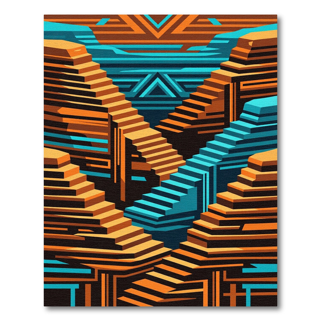 Geometric Staircase Abstract Orange Cyan Art Rug