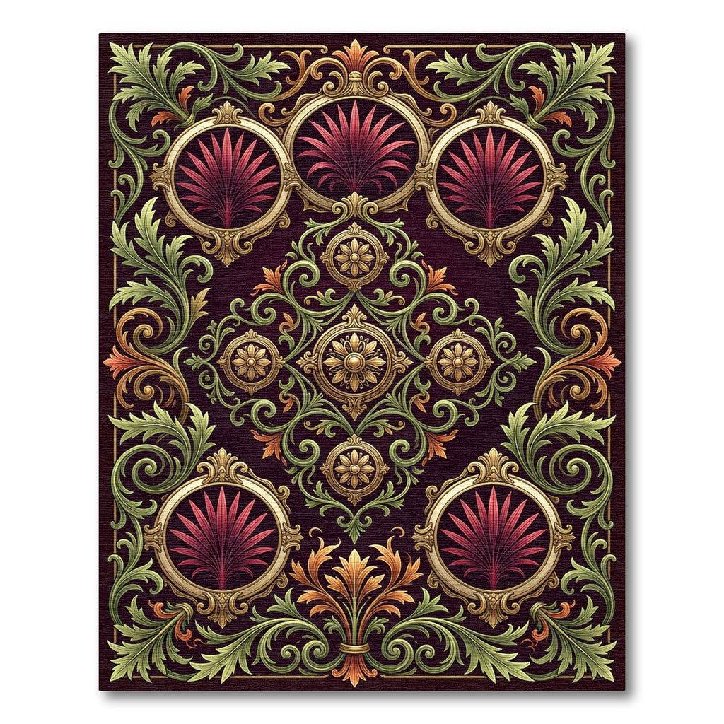 Plum Green Gold Filigree Floral Medallion Rug