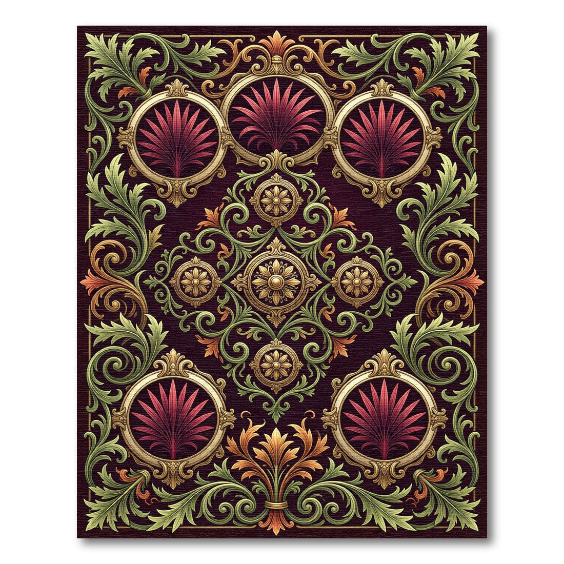 Plum Green Gold Filigree Floral Medallion Rug