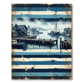 Coastal Harbor Scene Blue Striped Rug