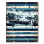 Coastal Harbor Scene Blue Striped Rug