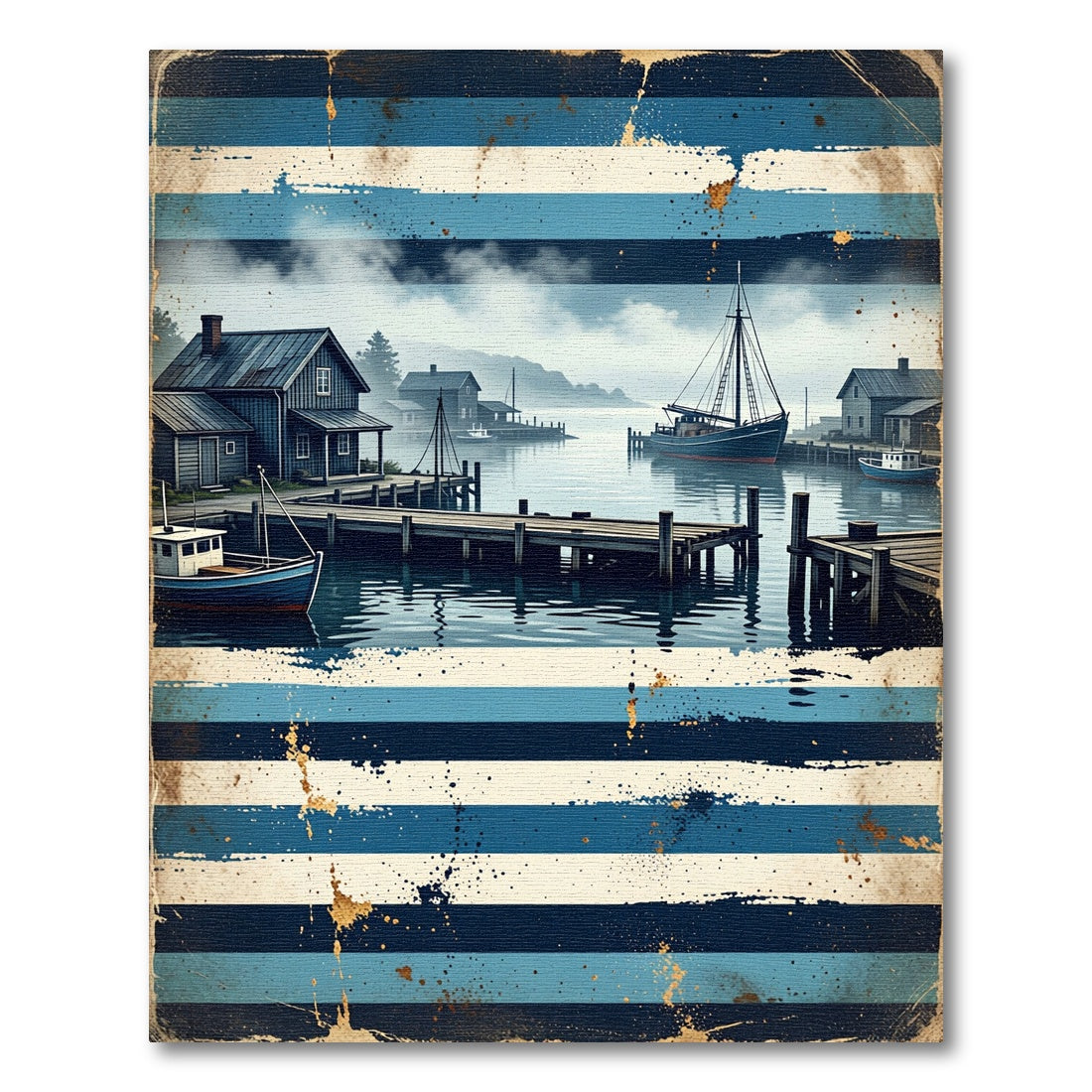 Coastal Harbor Scene Blue Striped Rug
