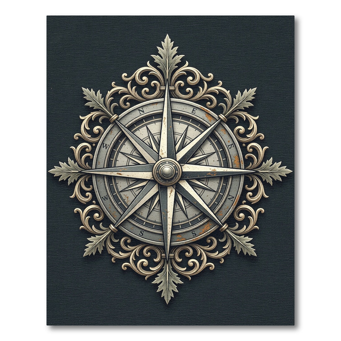 Ornate Metallic Compass Rose Medallion Rug