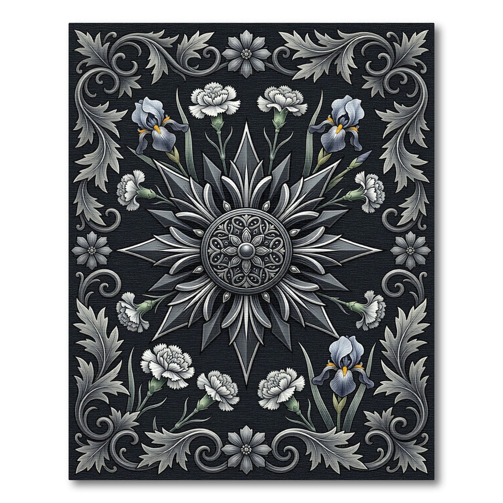 Monochrome Silver Floral Iris Medallion Rug