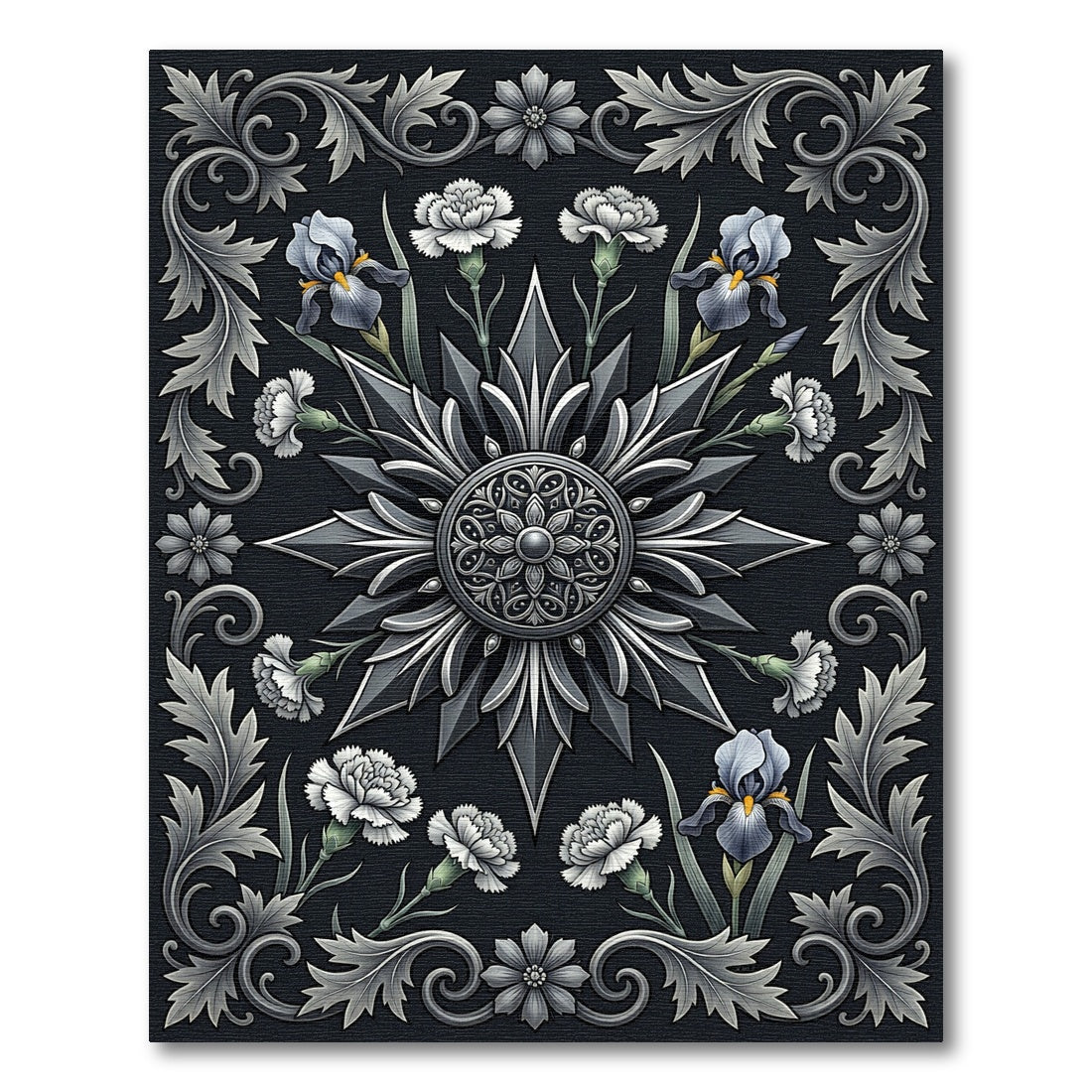 Monochrome Silver Floral Iris Medallion Rug