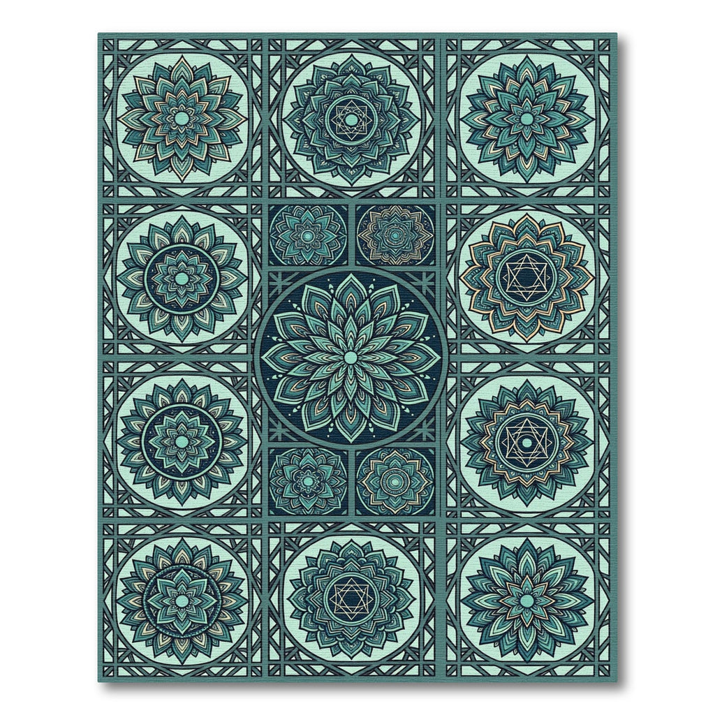 Teal Circular Mandala Geometric Tiled Grid Rug