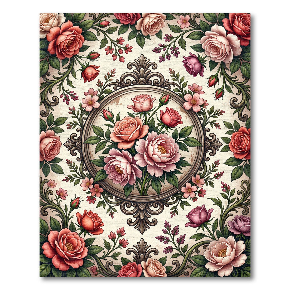 Vintage Victorian Floral Rose Medallion Rug