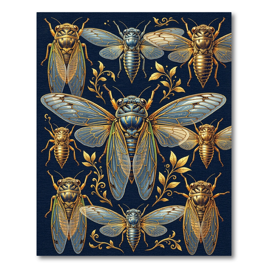 Golden Cicada Insect Navy Botanical Rug