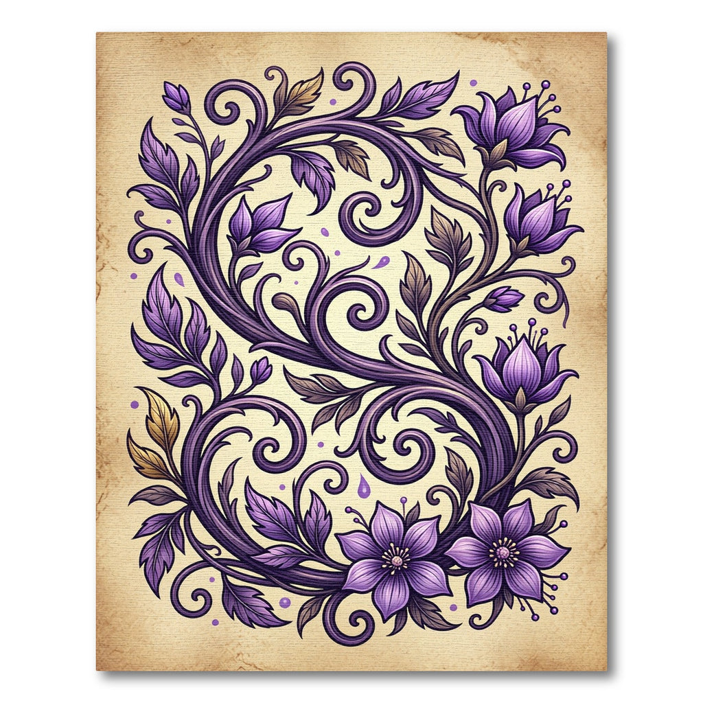 Ornate Purple Floral Swirl Accents Rug