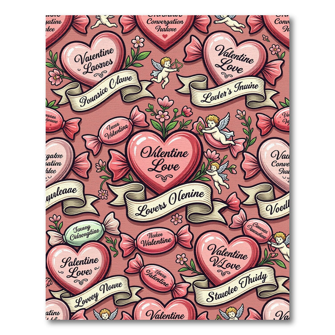 Valentine Hearts Candy Cupid Ribbon Theme Rug