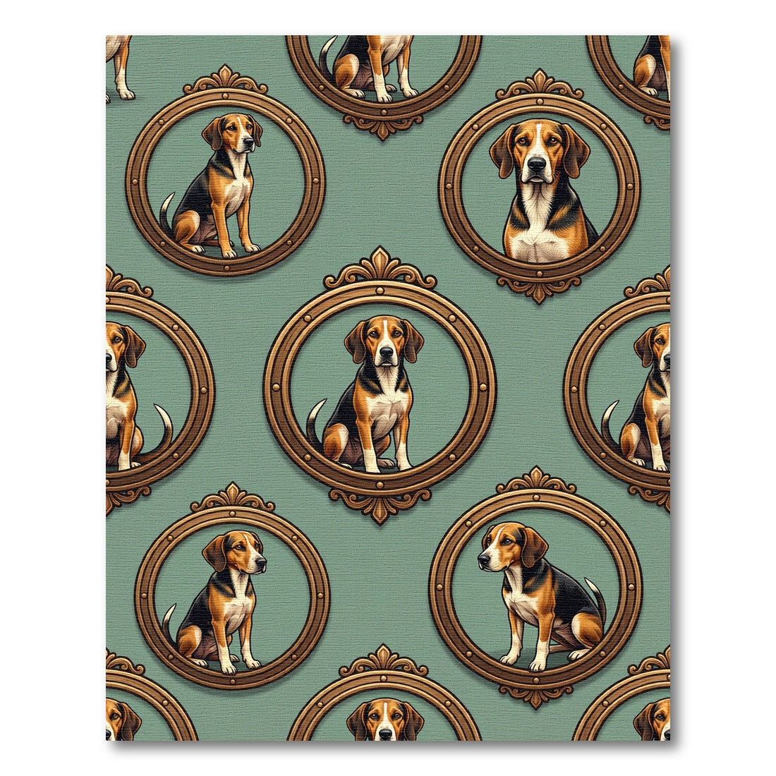 Vintage Beagle Portrait Framed Green Tapestry Rug
