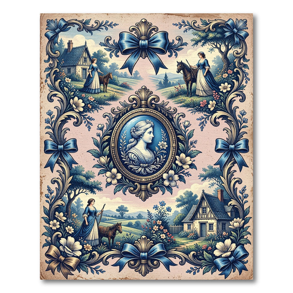 Colonial Blue Floral Cameo Narrative Rug