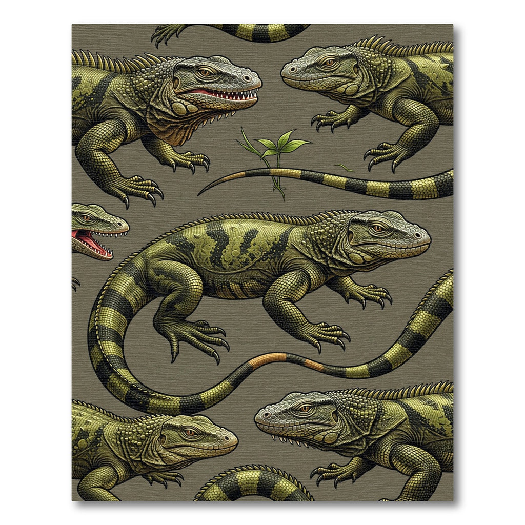 Detailed Olive Green Iguana Reptile Illustration Rug