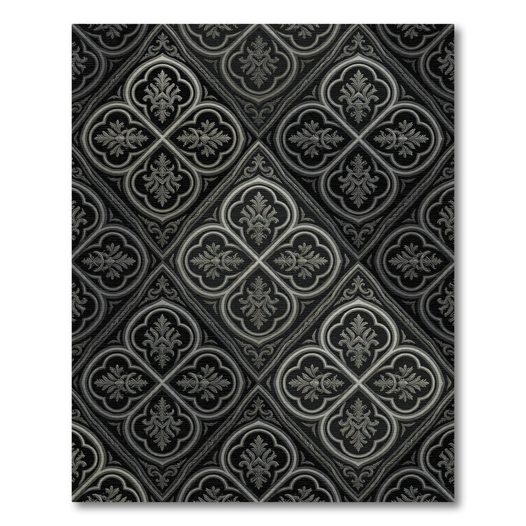 Gothic Black Silver Quatrefoil Lattice Rug