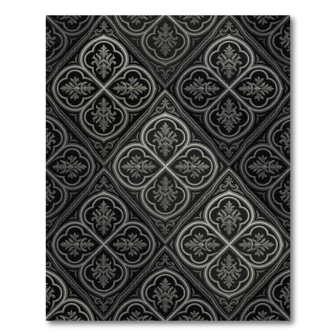 Gothic Black Silver Quatrefoil Lattice Rug