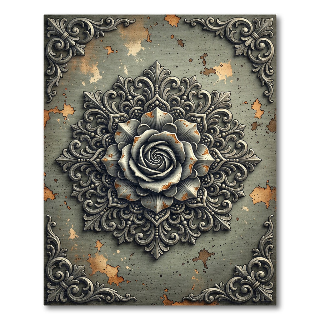 Ornate Weathered Silver Rose Medallion Rug