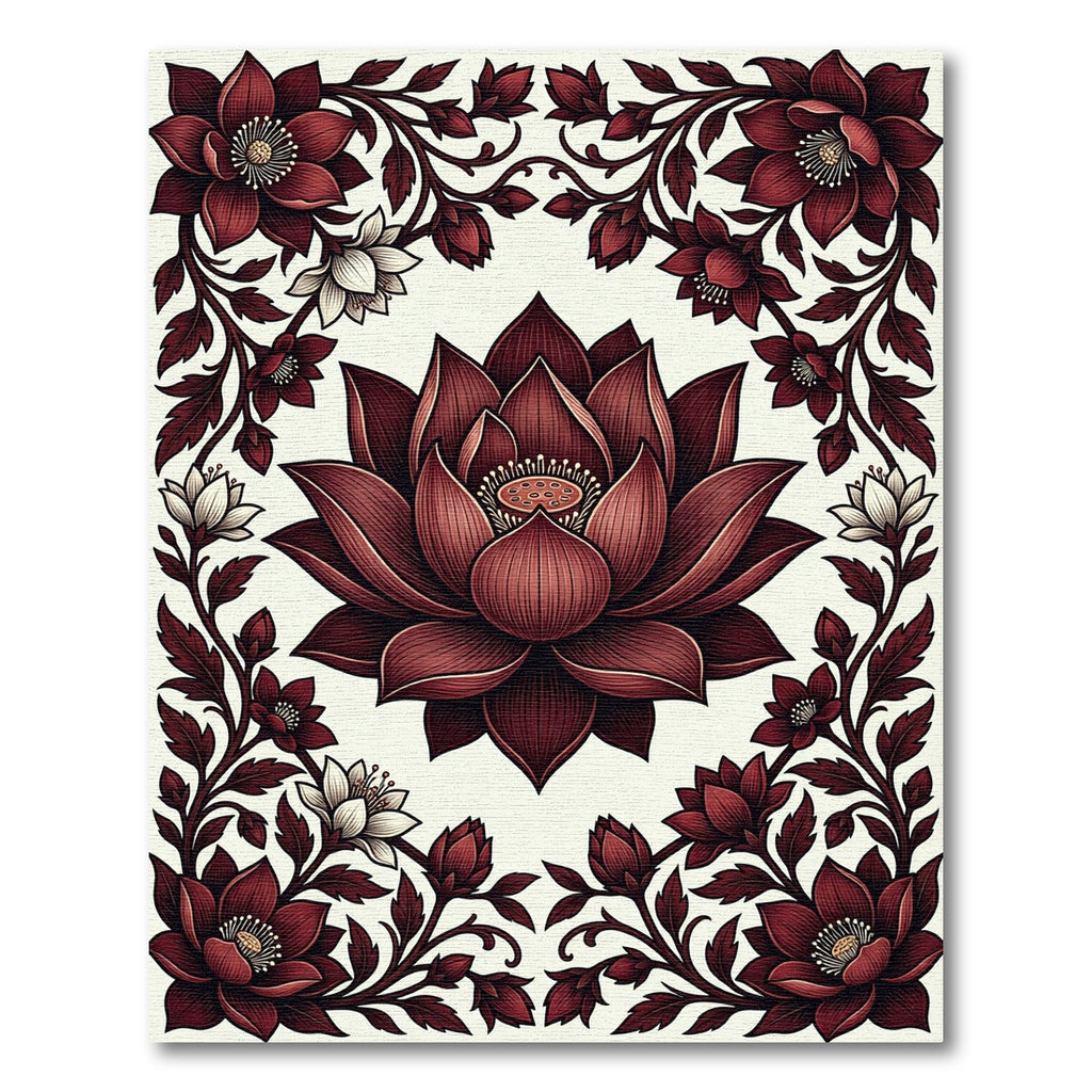 Deep Crimson Lotus Floral Scroll Rug