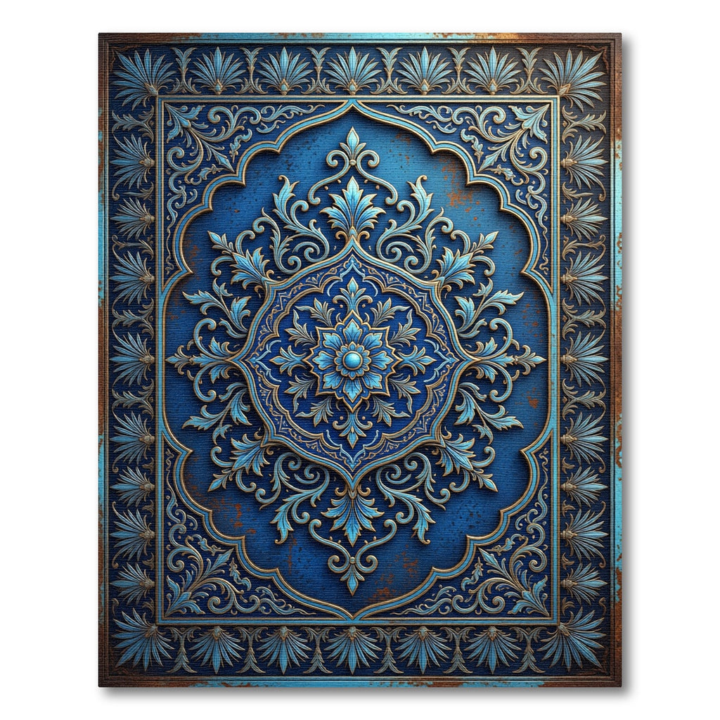 Ornate Royal Blue Filigree Scroll Medallion Rug