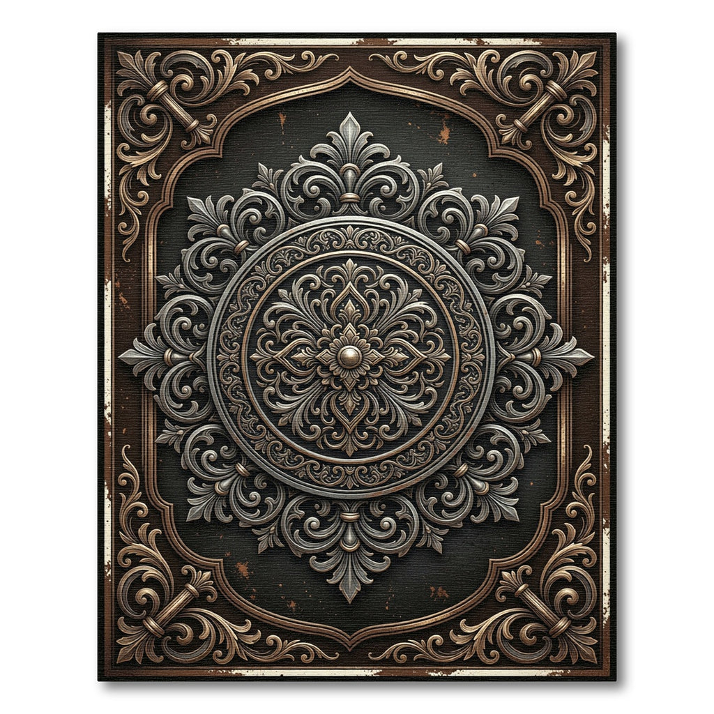 Ornate Bronze Silver Filigree Medallion Rug