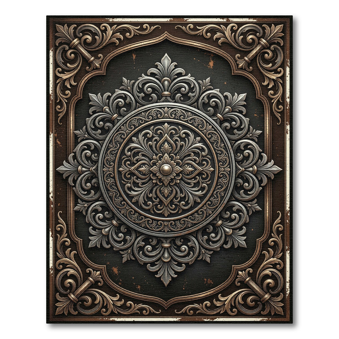 Ornate Bronze Silver Filigree Medallion Rug