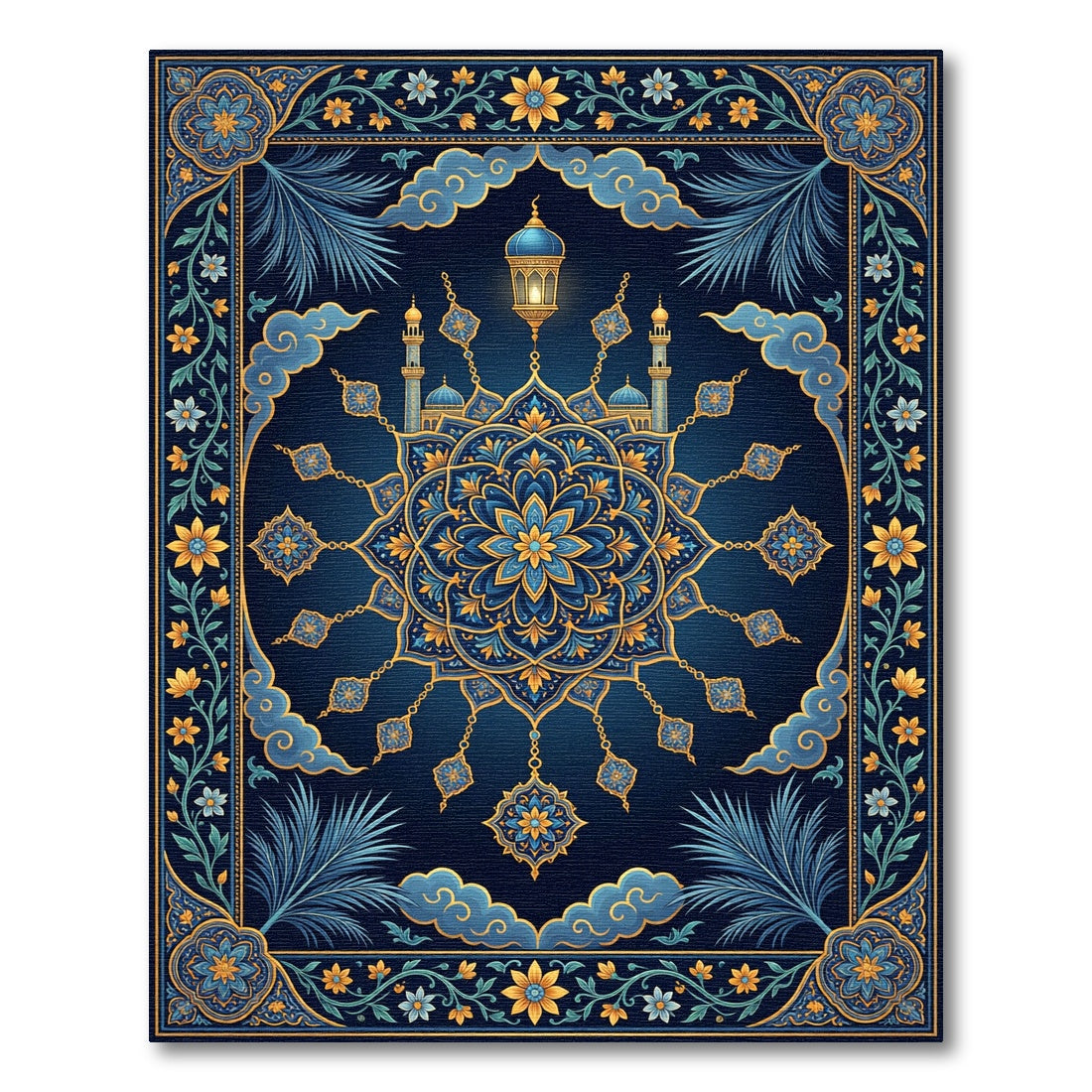 Luminous Blue Golden Mosque Medallion Rug