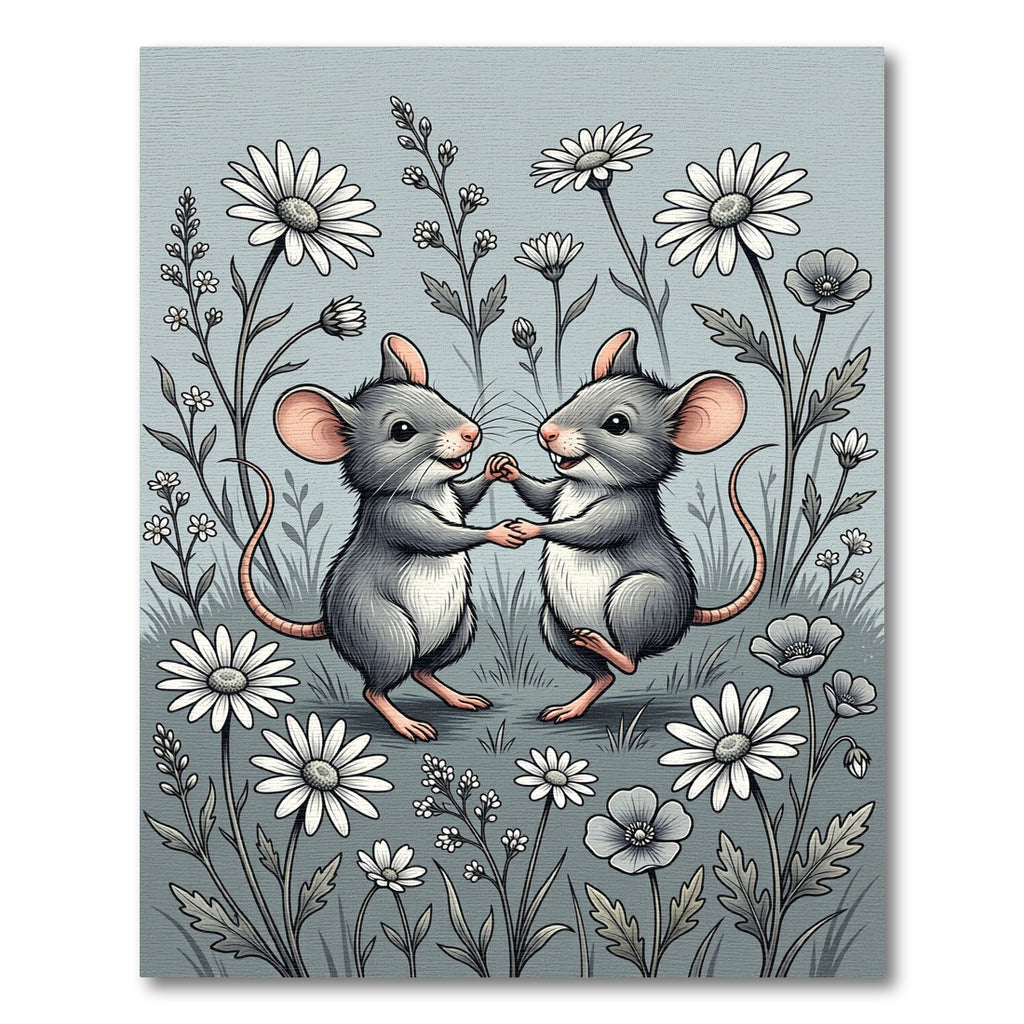 Whimsical Gray Dancing Mice Floral Daisy Rug