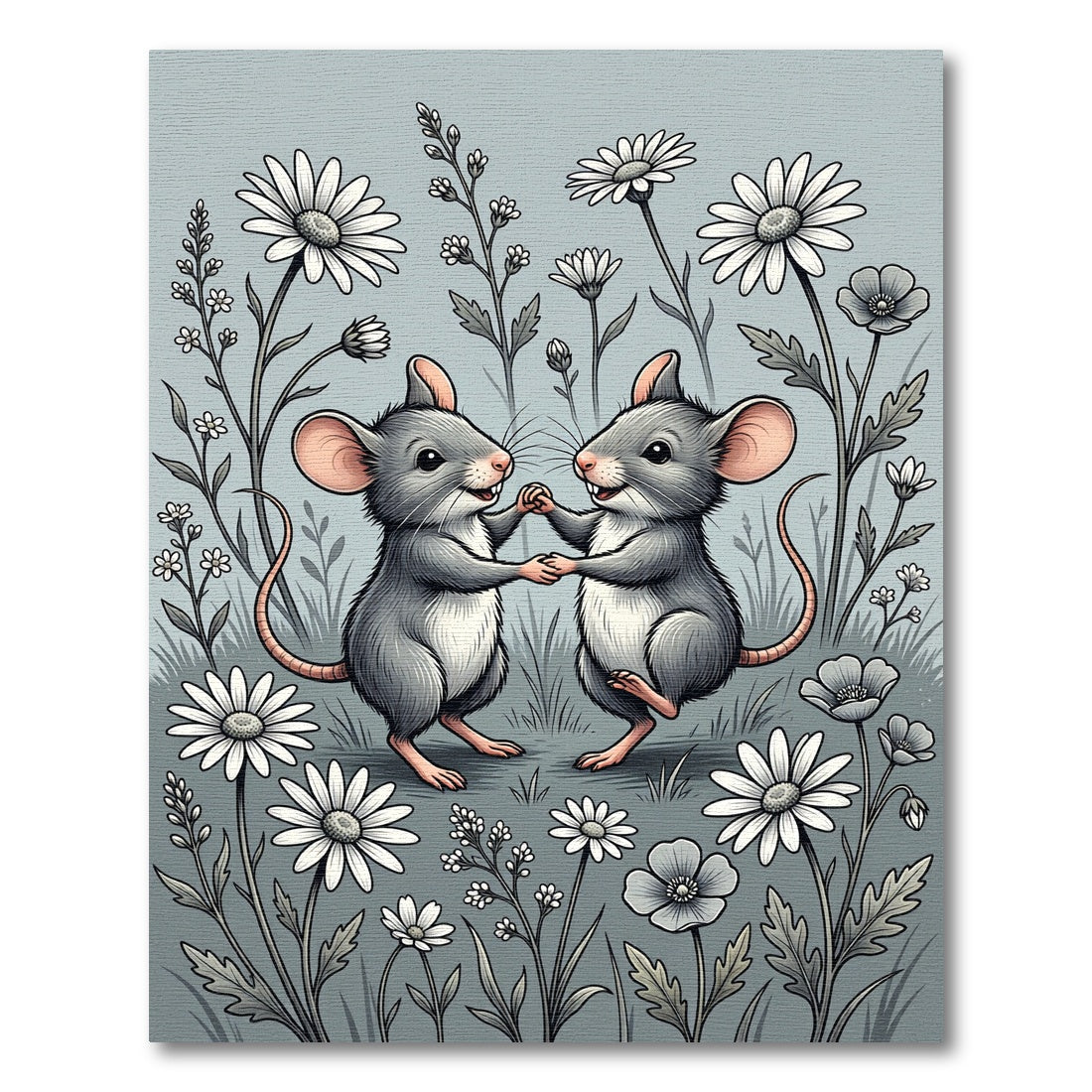 Whimsical Gray Dancing Mice Floral Daisy Rug