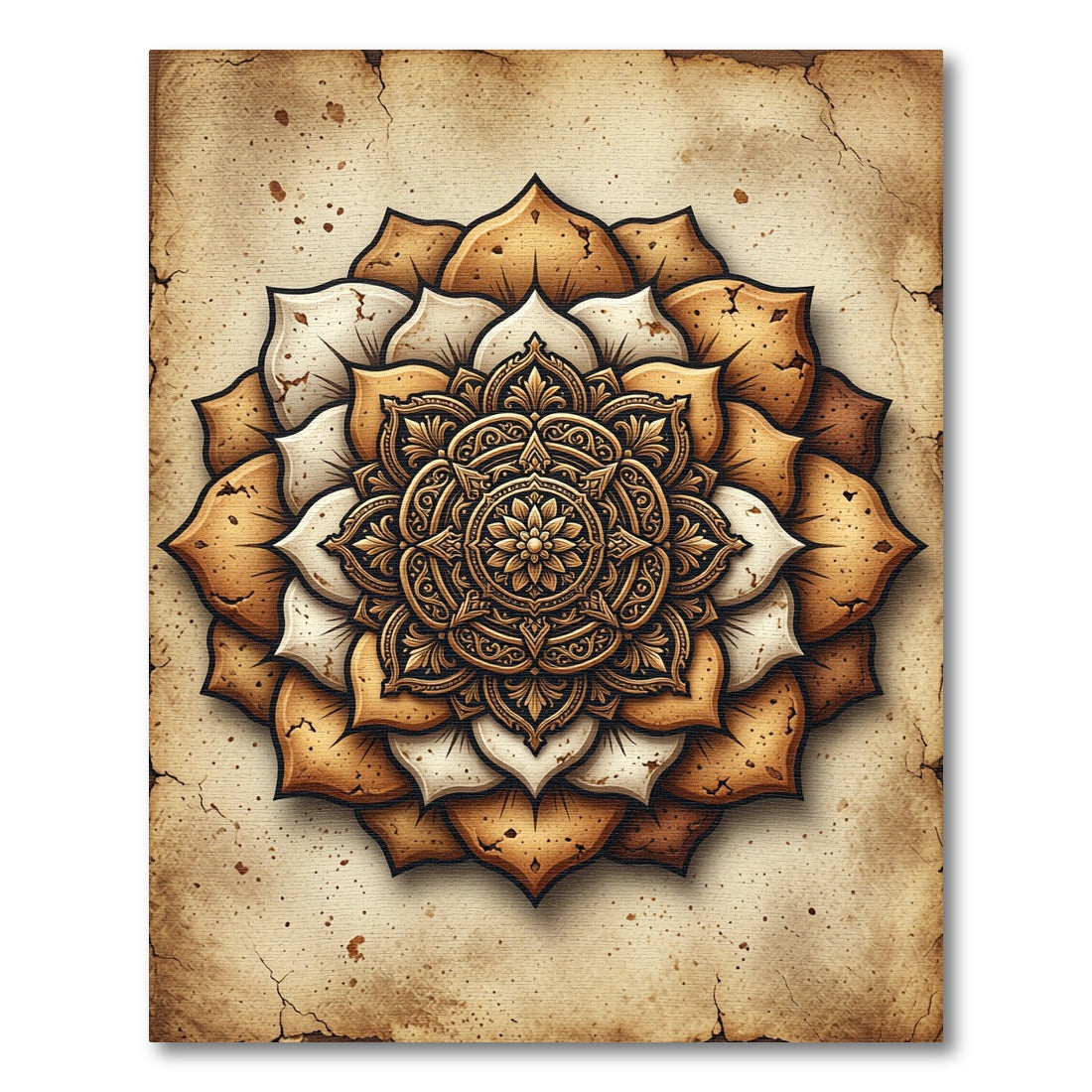 Earthy Golden Mandala Floral Round Rug