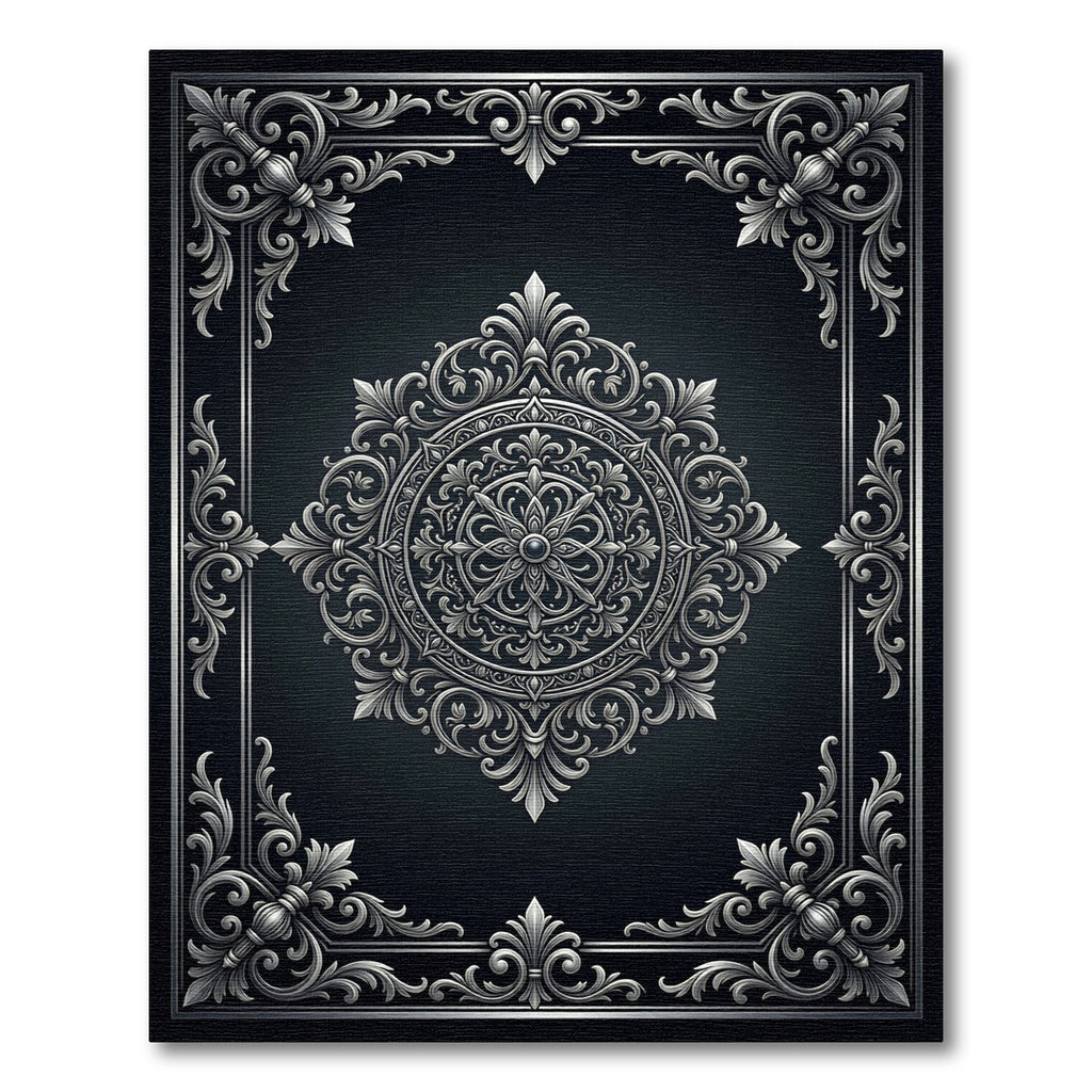 Ornate Silver Floral Medallion Frame Rug