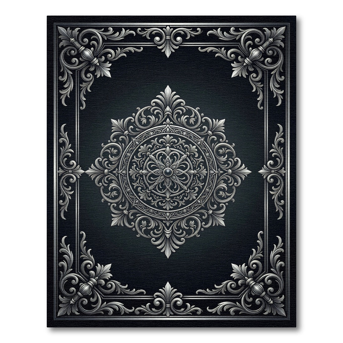 Ornate Silver Floral Medallion Frame Rug